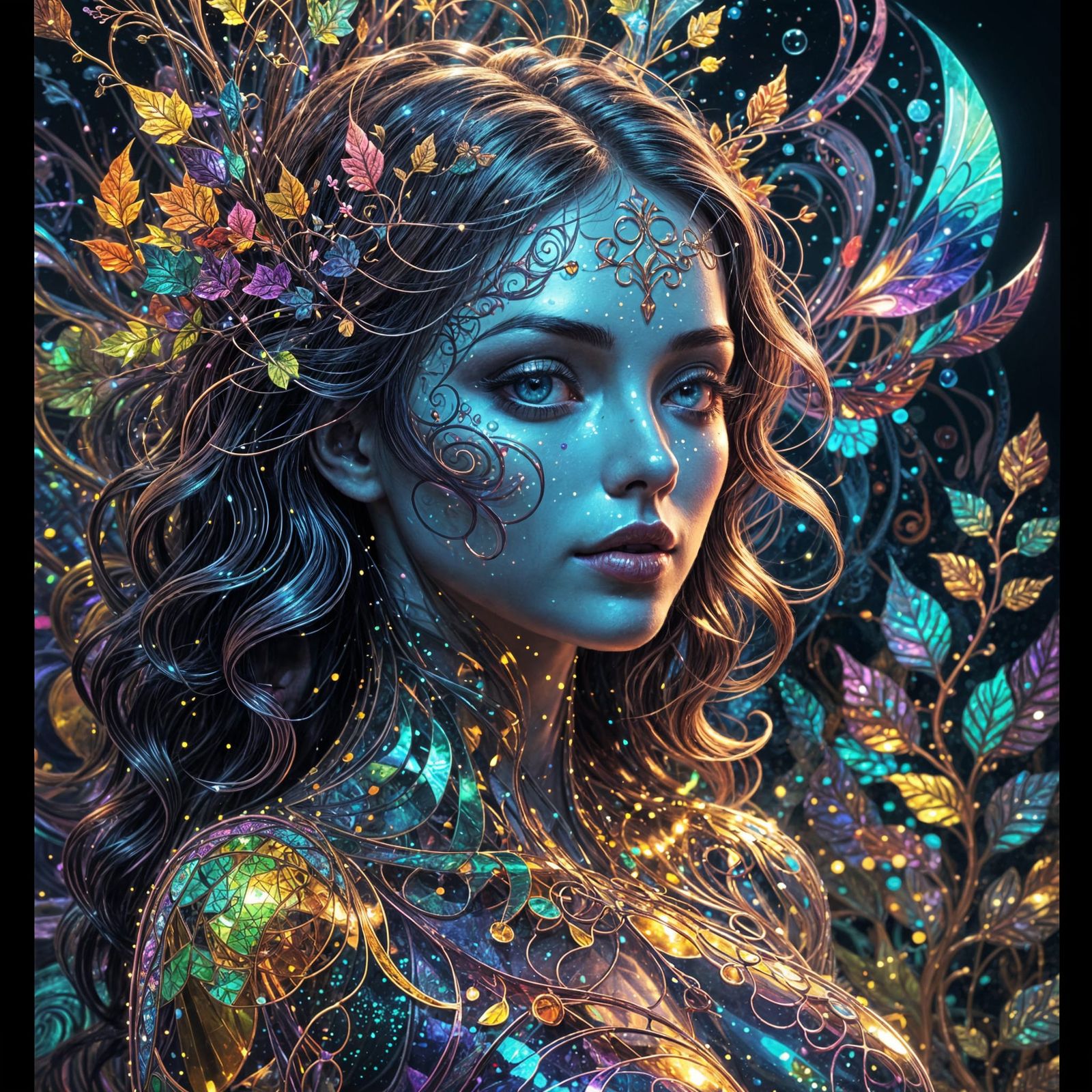 Mystical Vineyard Goddess in Vibrant Stained Glass Style