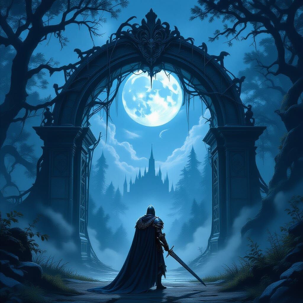 Knight Before Spiderweb Archway in Enchanted Forest