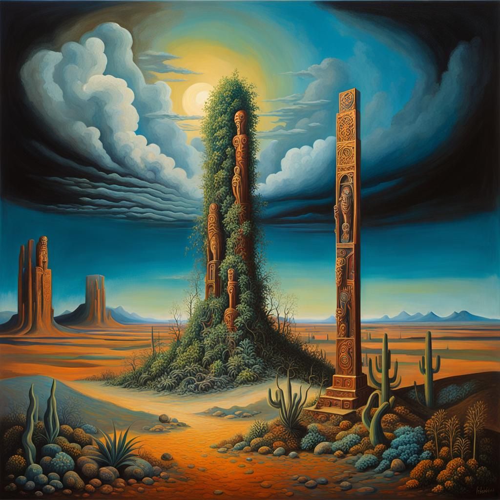 Surreal Totem Figures in Magical Desert Landscape
