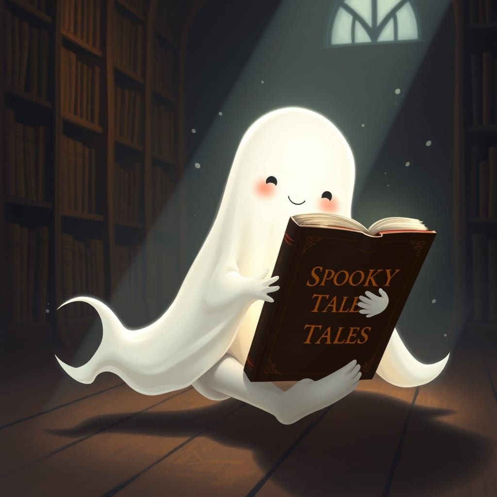 Cute Ghost Reading in Old Library