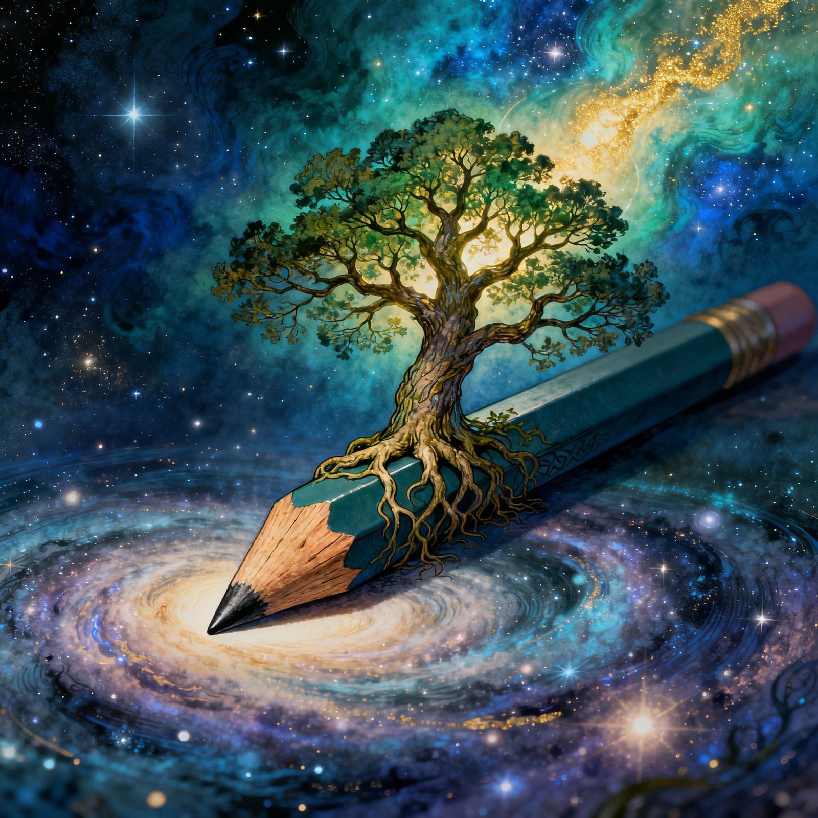 Yggdrasil Tree Sprouts From Pencil Tip in Cosmic Nebula