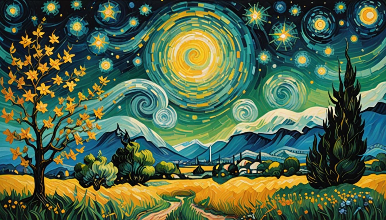 Whirling Impasto Landscapes of Swirling Skies and Golden Fie...