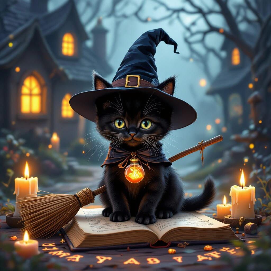 Cute Witch Kitten with Magic Potion and Broom