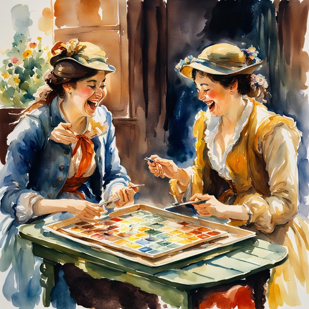Lesbians Enjoying Board Games as Impressionist Watercolor