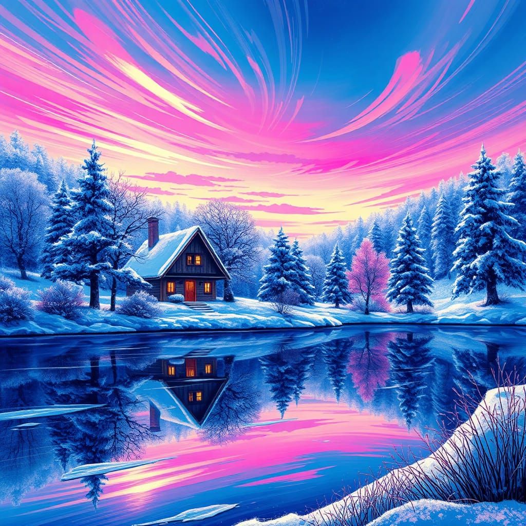 Winter Village in Ink Splatter Synthwave Style