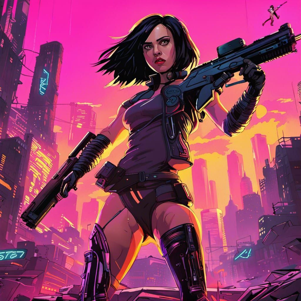 Alita Fires Machine Gun in Cyberpunk Neon City