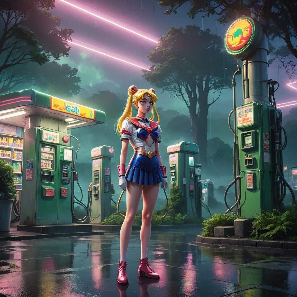 Sailor Moon at Alien Gas Station in Dreamlike Fantasy