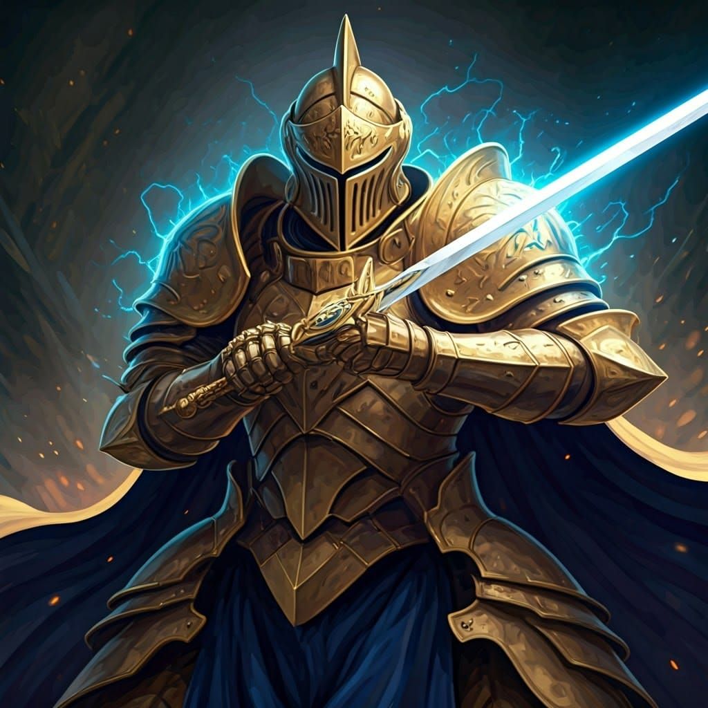 Mythical Armored Knight Swinging Sword in Fantasy Art Style