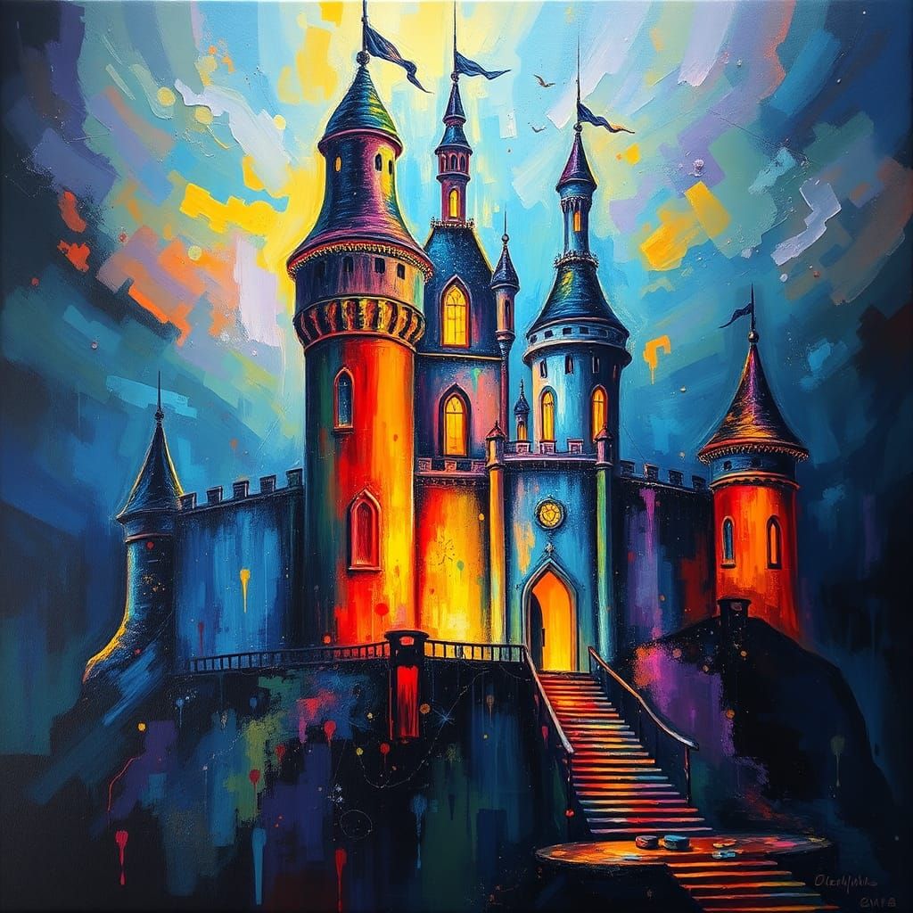 Colorful Abstract Castle: Acrylic and Oil Painting