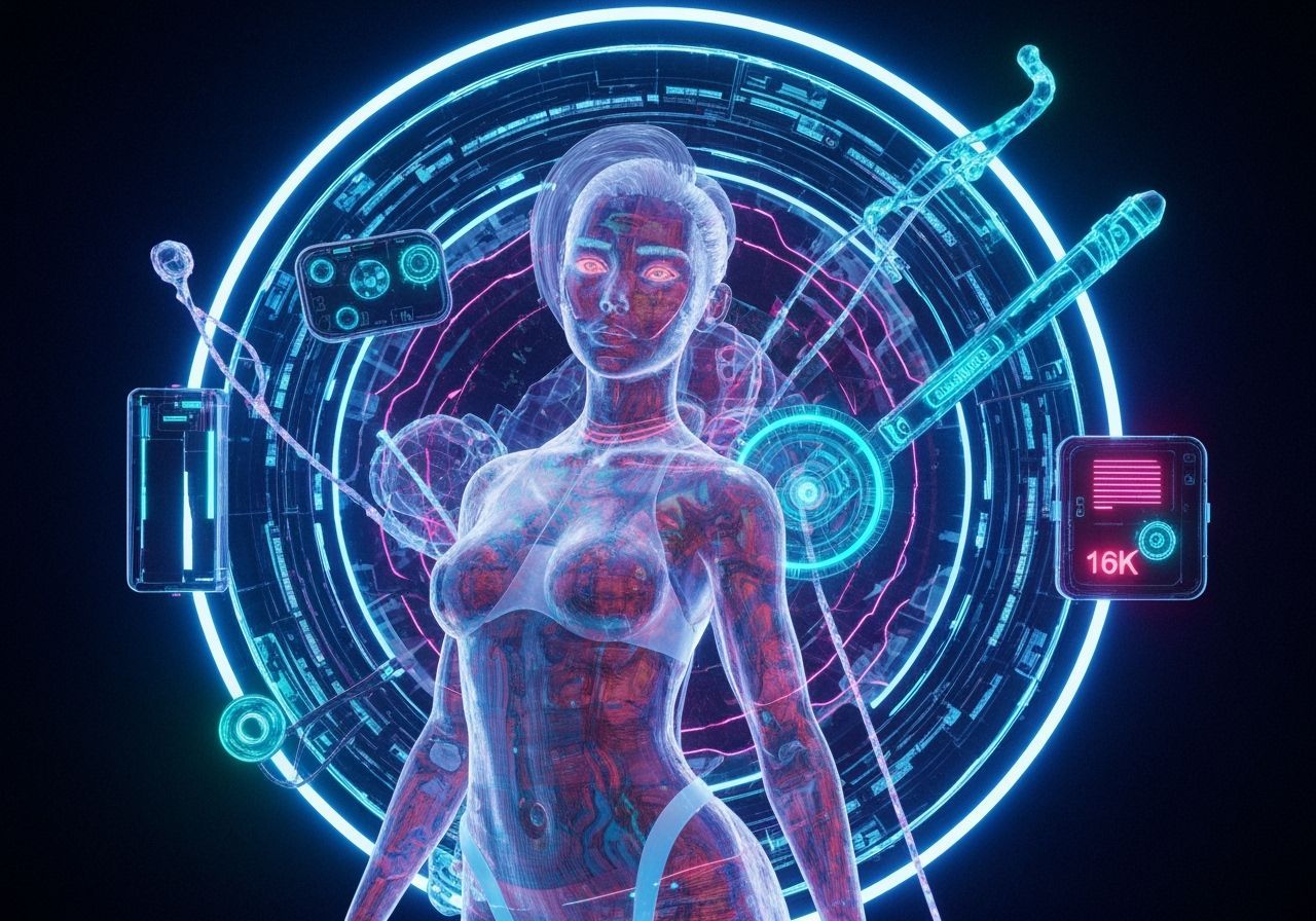 Futuristic Woman Surrounded by Digital Tech, 3D Render