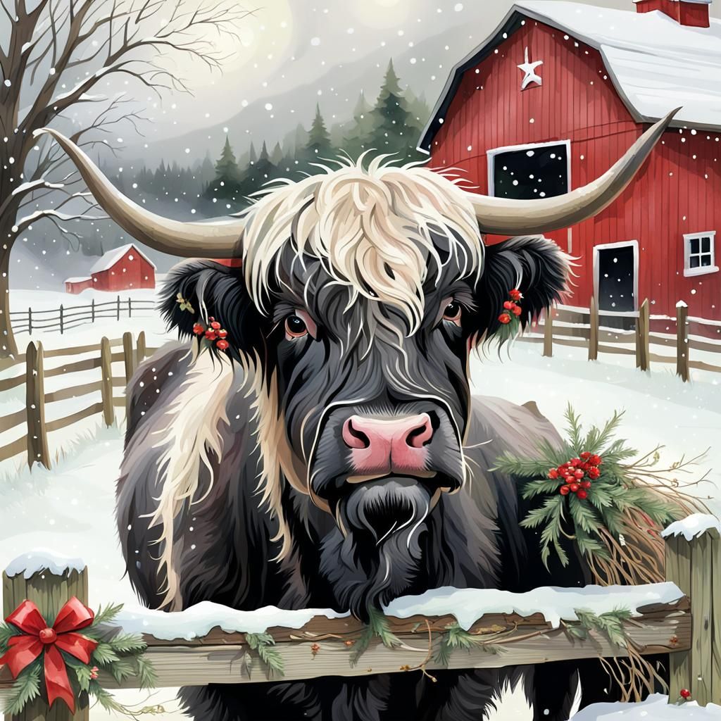 Highland Cow with Christmas Crown in Winter Snow