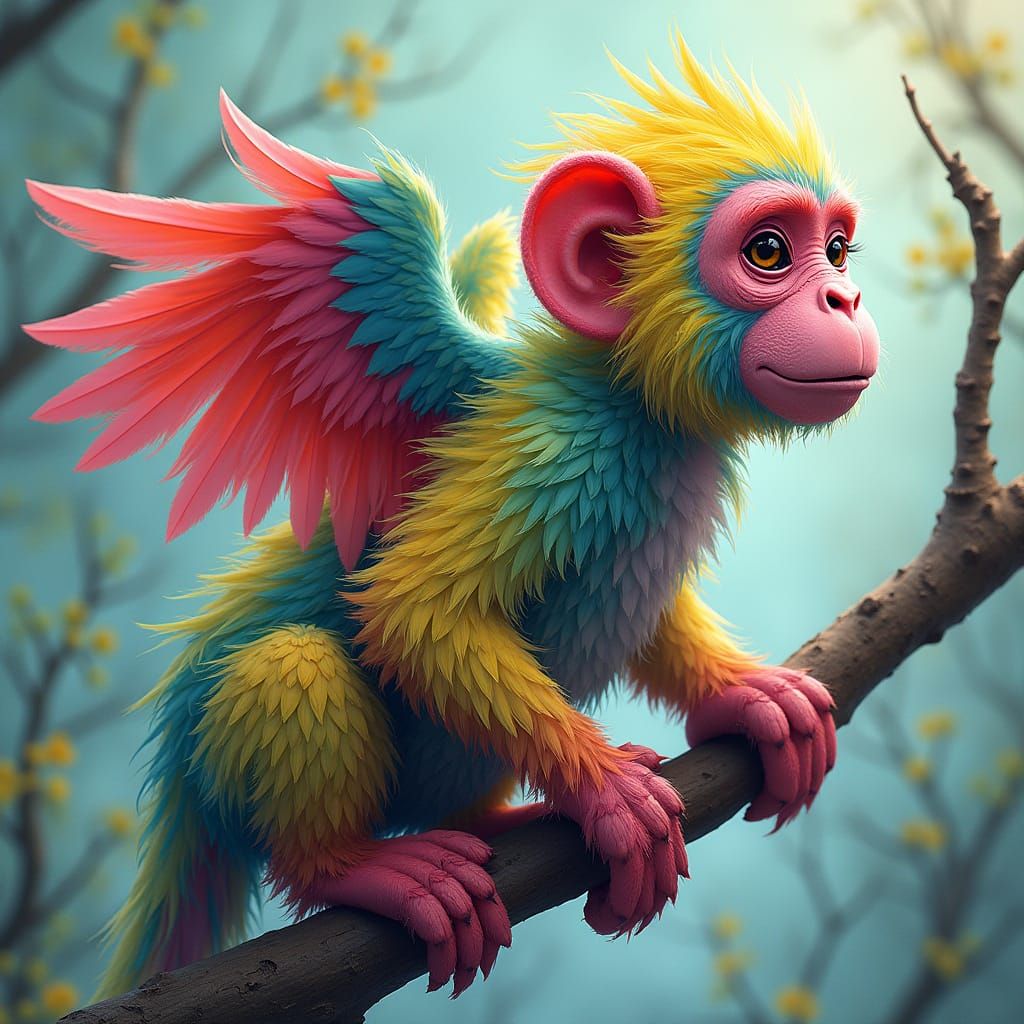 Whimsical Feathered Monkey Perched on Branch