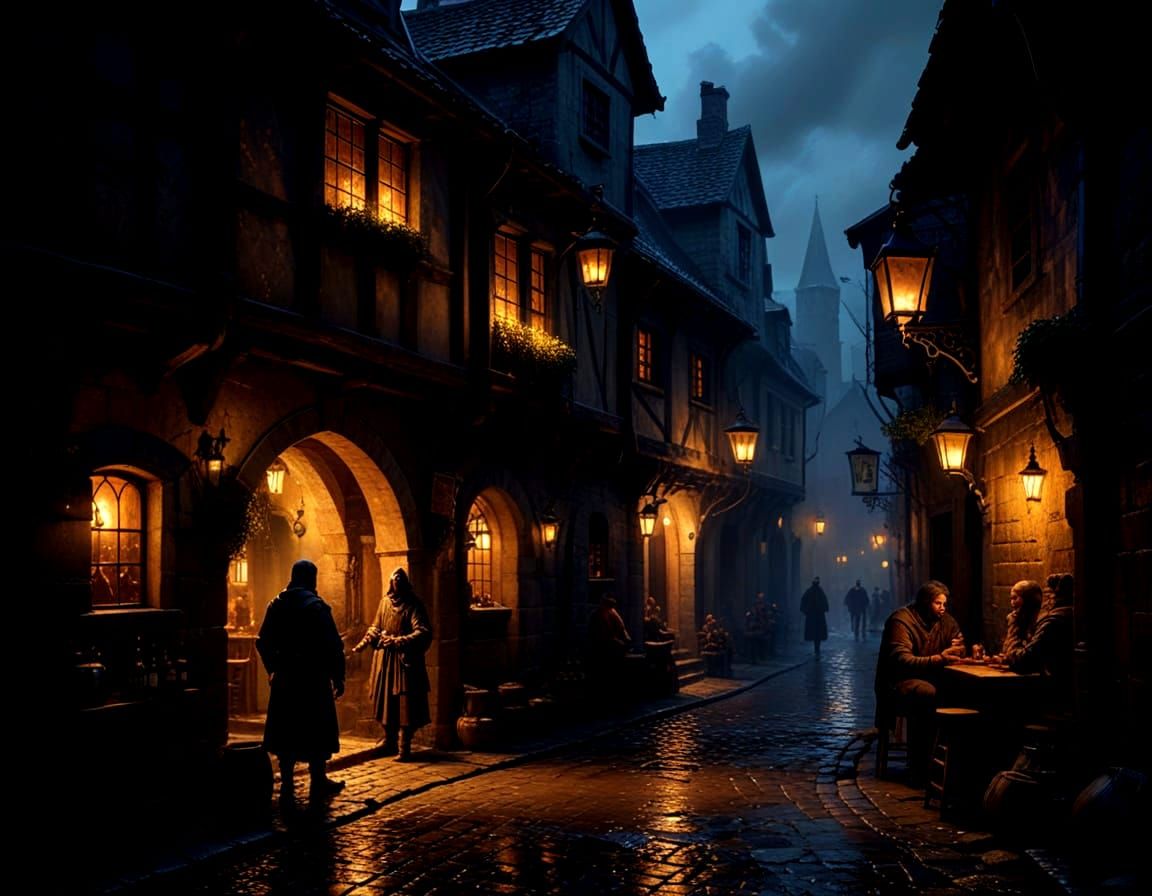 Medieval Tavern Alleyway at Dusk, Fantasy Concept Art
