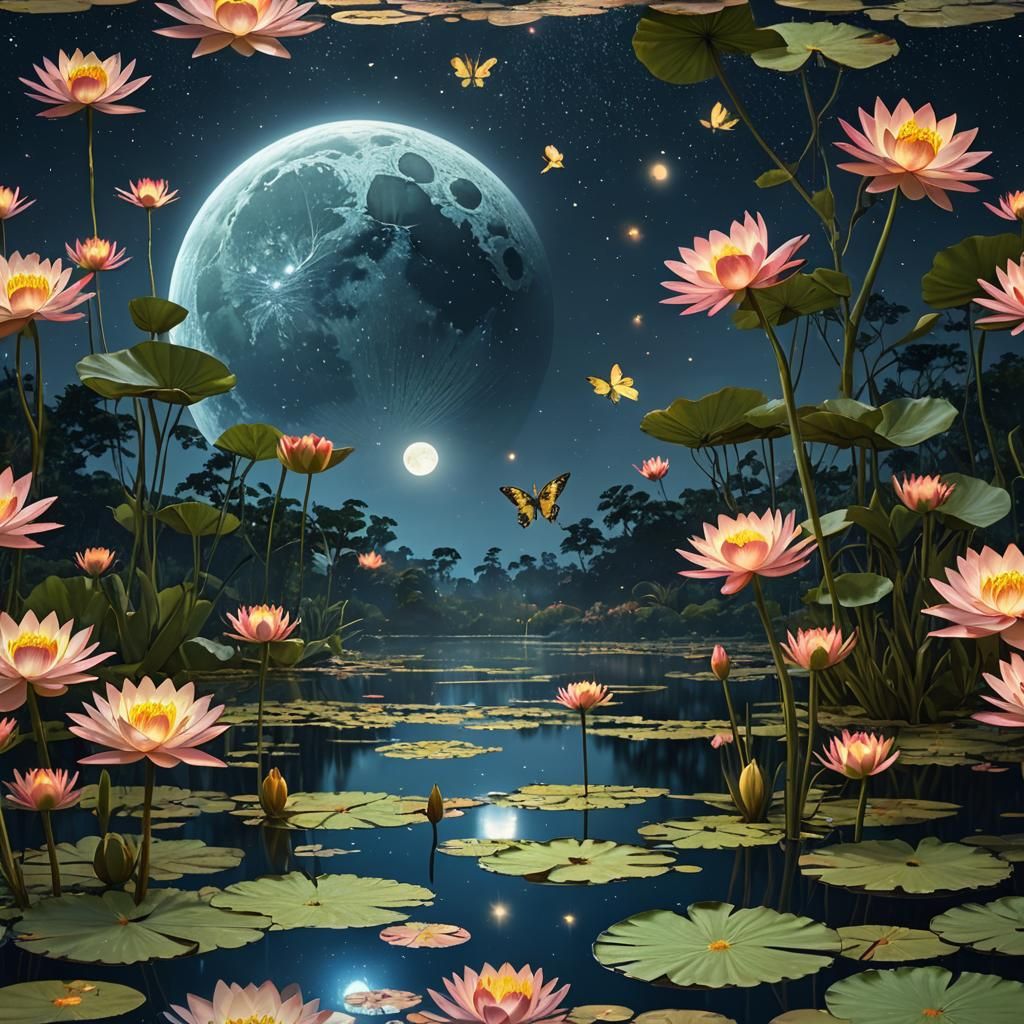Magical Moonlit Pond with Moon Moth: Fantasy Art
