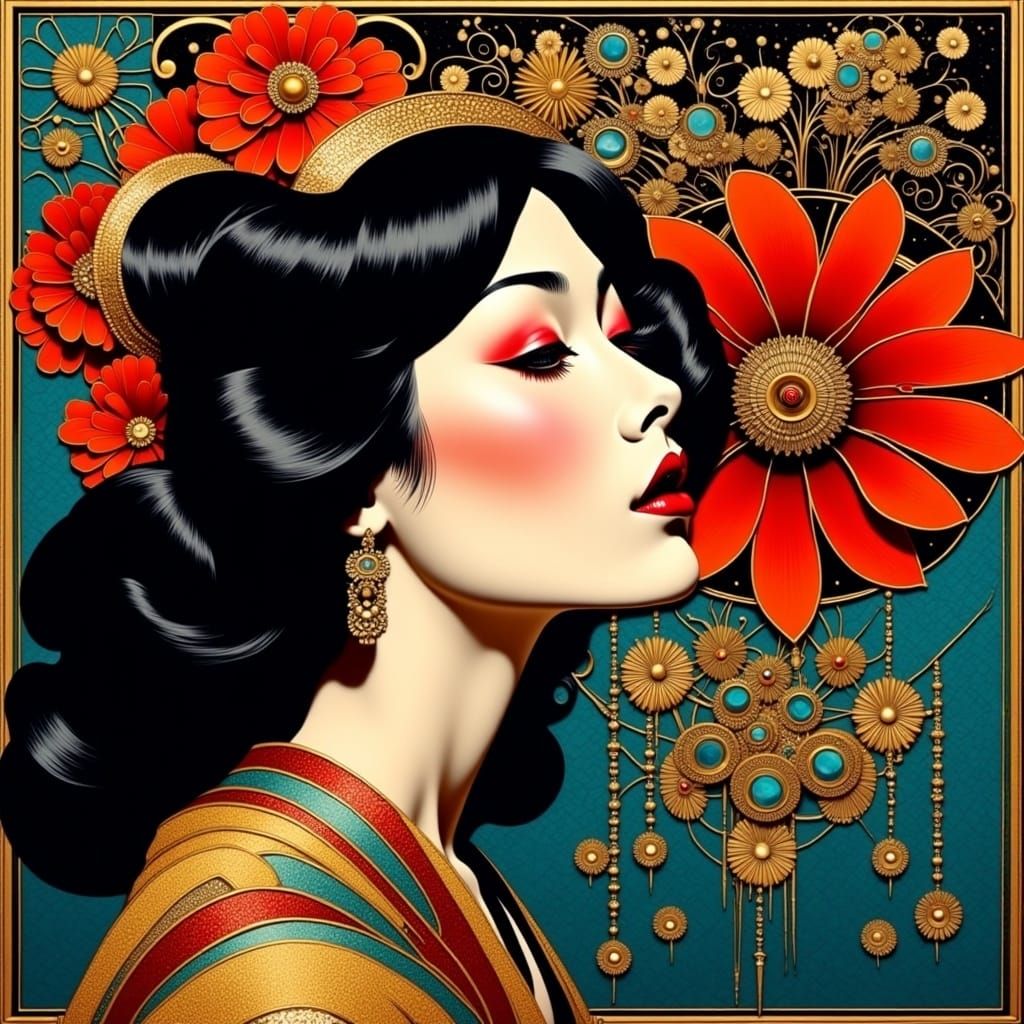 Woman Repaired with Gold Kintsugi Lines in Art Nouveau Style