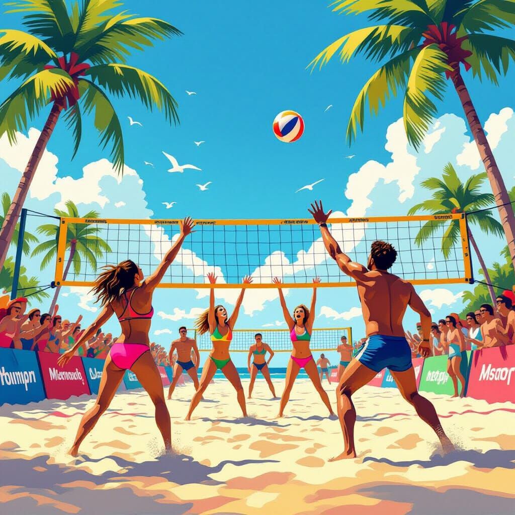 Intense Beach Volleyball Game in Vibrant Summer Colors