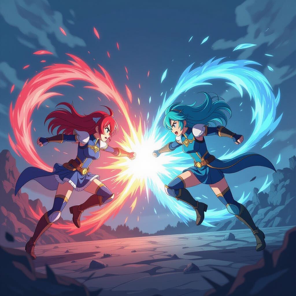 Anime Characters Clash with Elemental Attacks in Midair