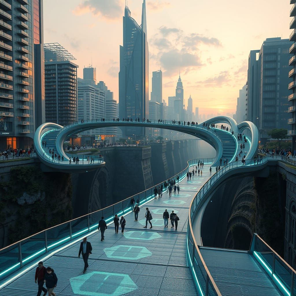 Futuristic Pedestrian Bridge in a Dynamic Cityscape