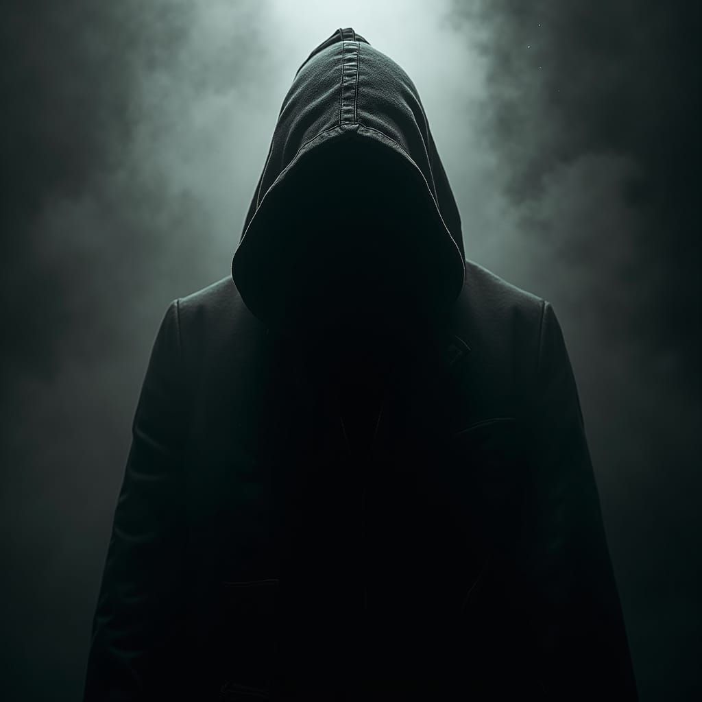 Dark Hooded Figure Radiating Power in Film Noir Style