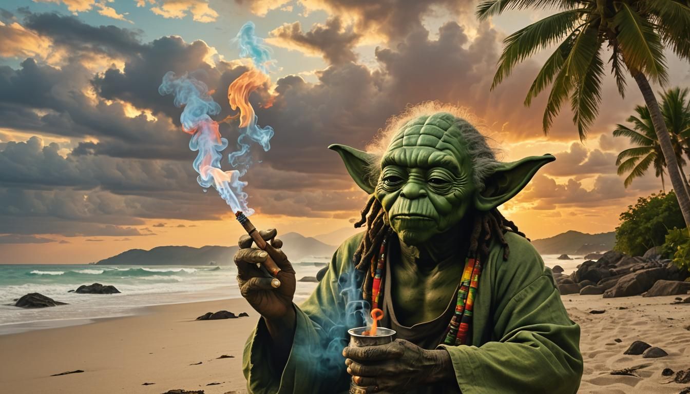 Jamaican Yoda's Caribbean Retirement in Surrealist Style