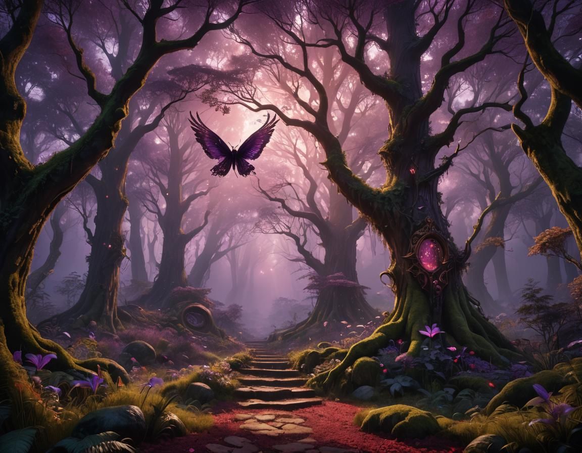 Crimson Sky: A Detailed Matte Painting of Forest Figure