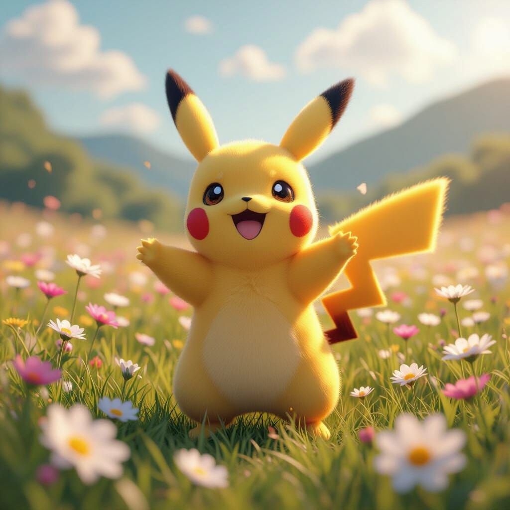 Pikachu Dancing in Flower Field, 3D Anime Style