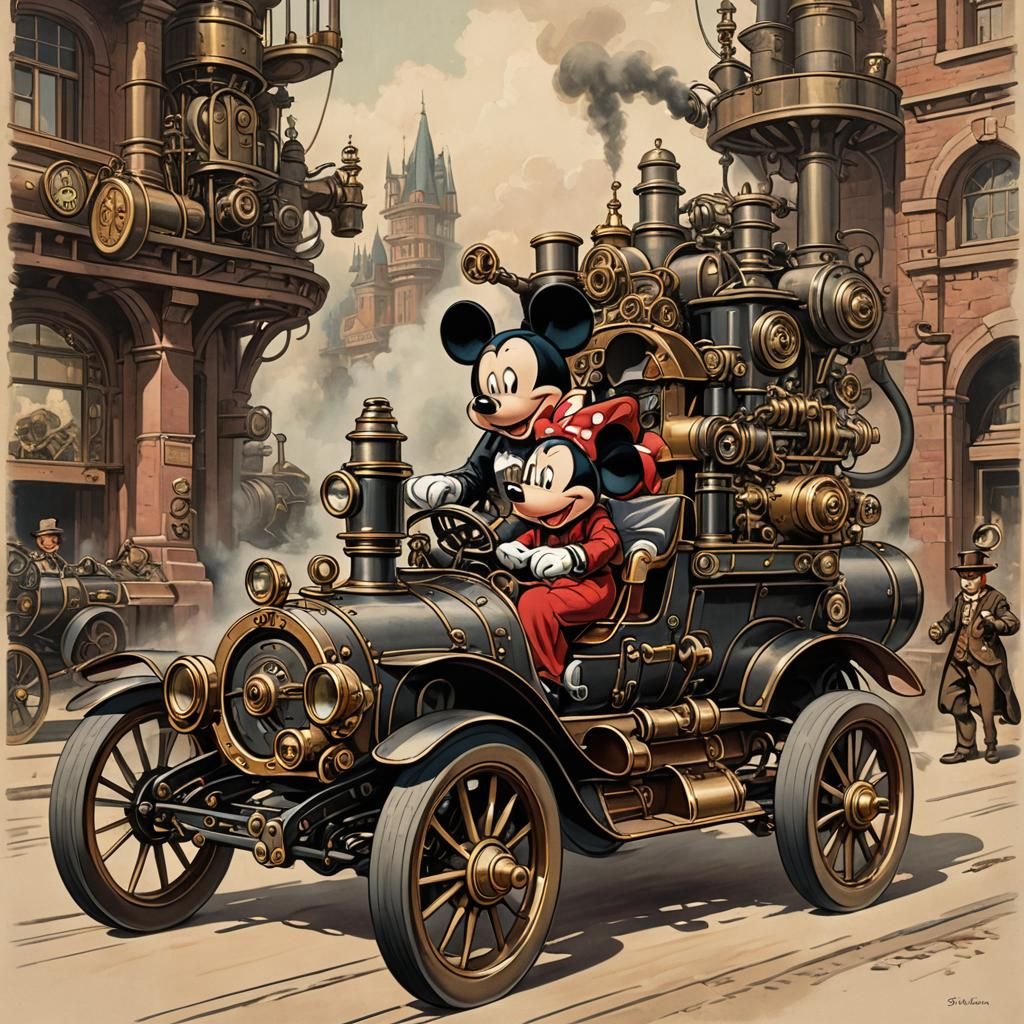 Mickey and Minnie Driving Steampunk Car: Vintage Disney