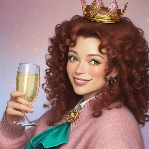 Whimsical Woman with Champagne in Oil Painting Style