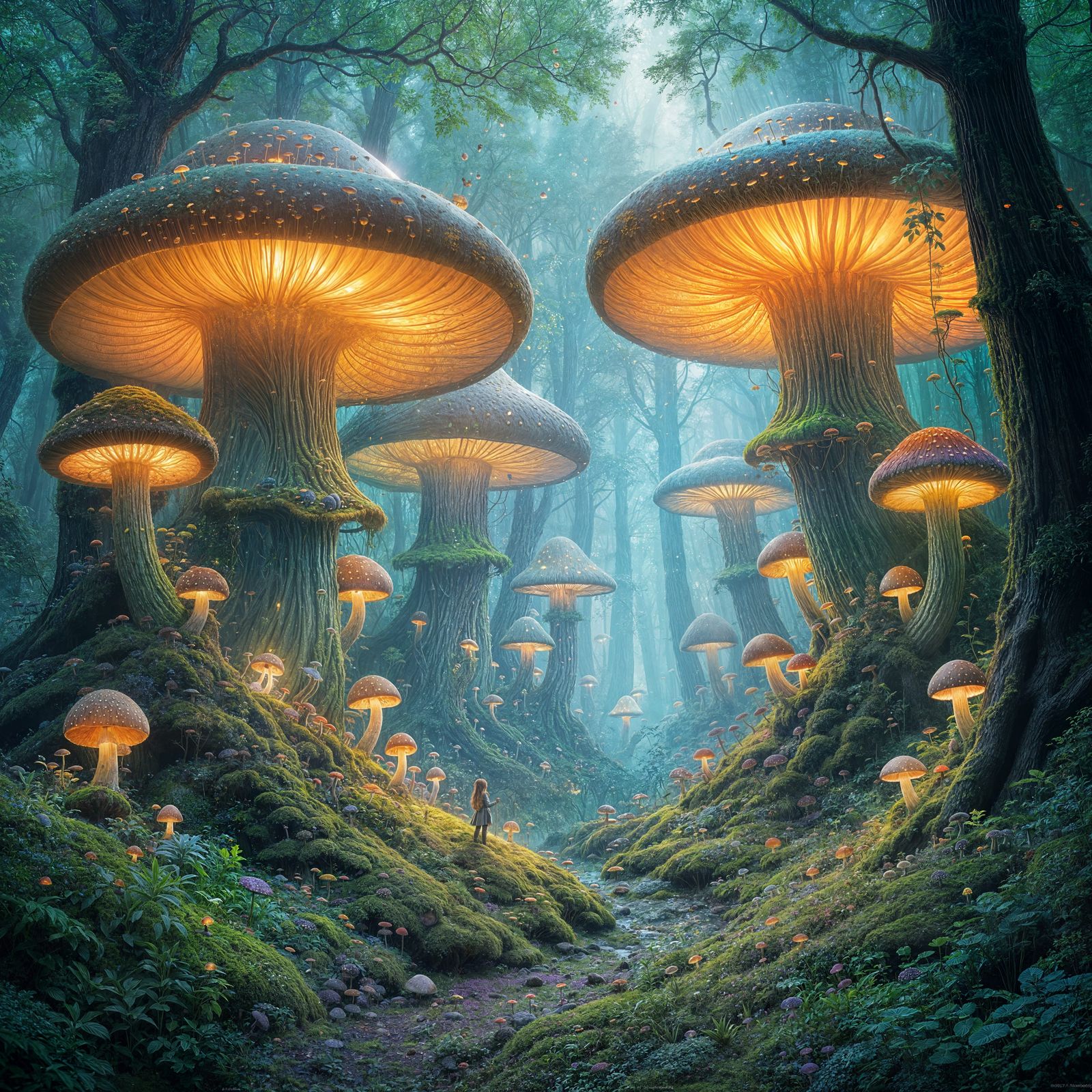 Enchanted Fungal Forest with Sprites in Vibrant Colors