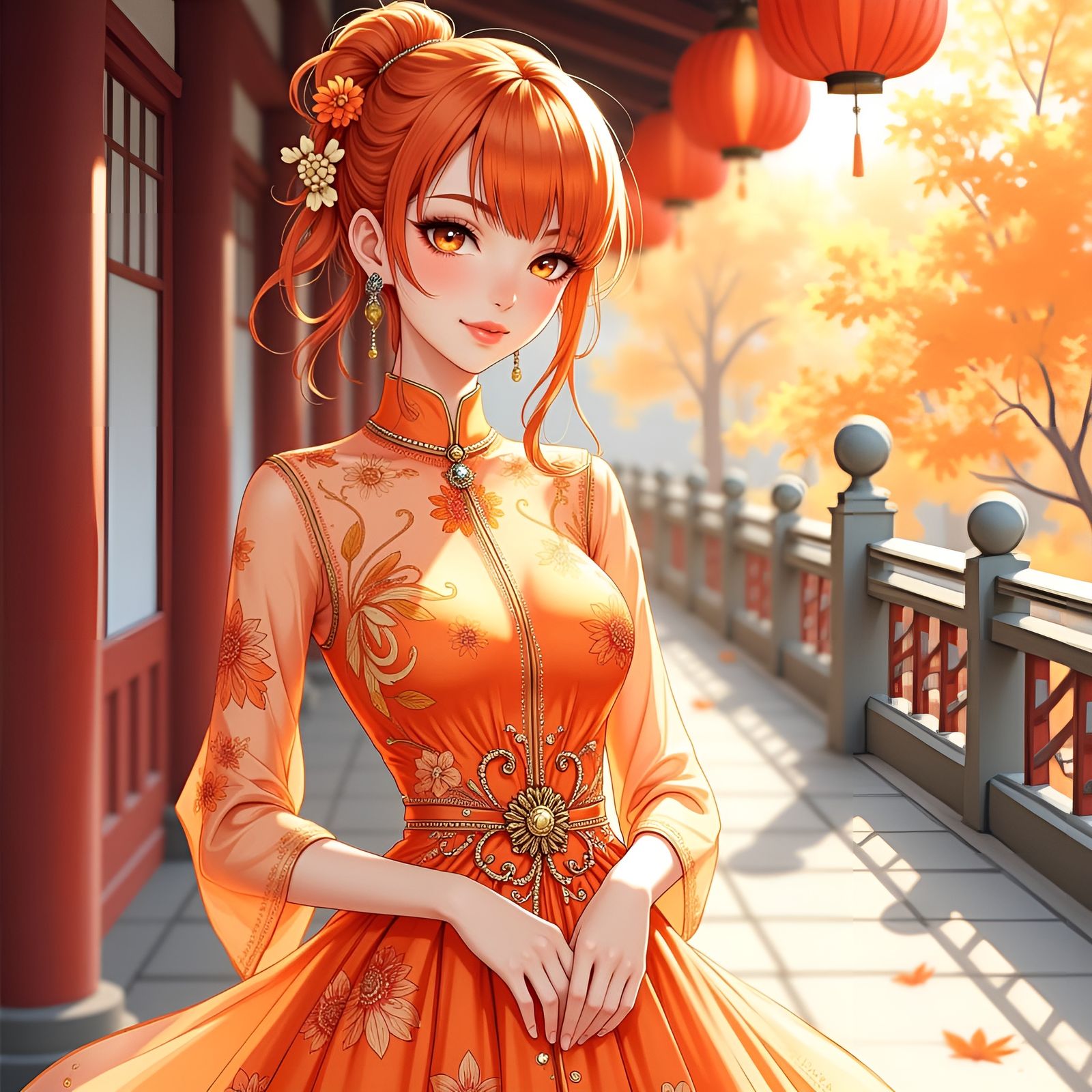 Elegant Anime Woman in Ornate Dress, Watercolor Style