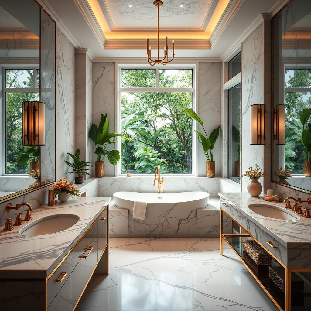 Elegant Marble Bath Oasis with Gold Accents and Greenery