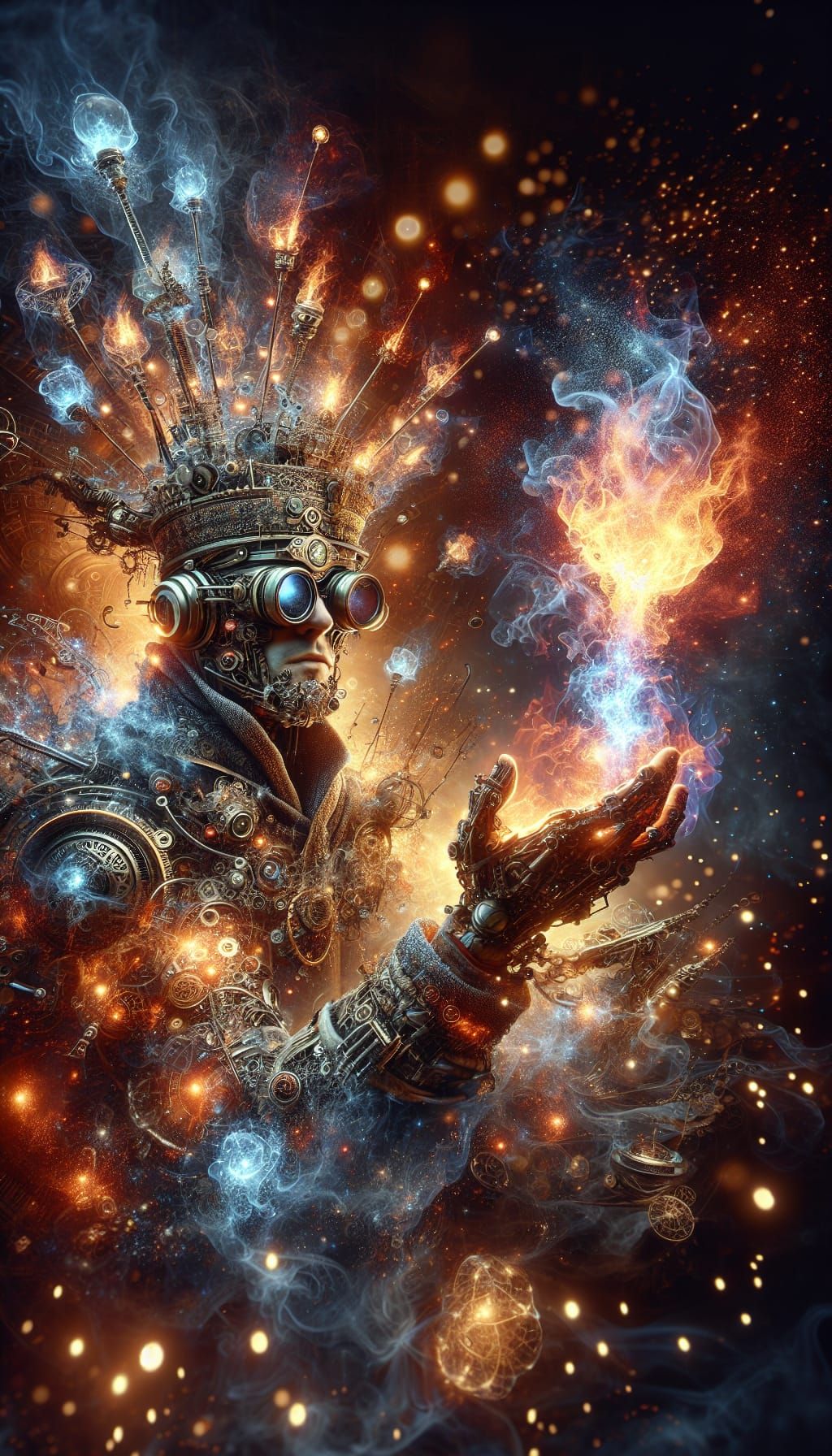 Cyberpunk Medieval Magician Casting Fireball