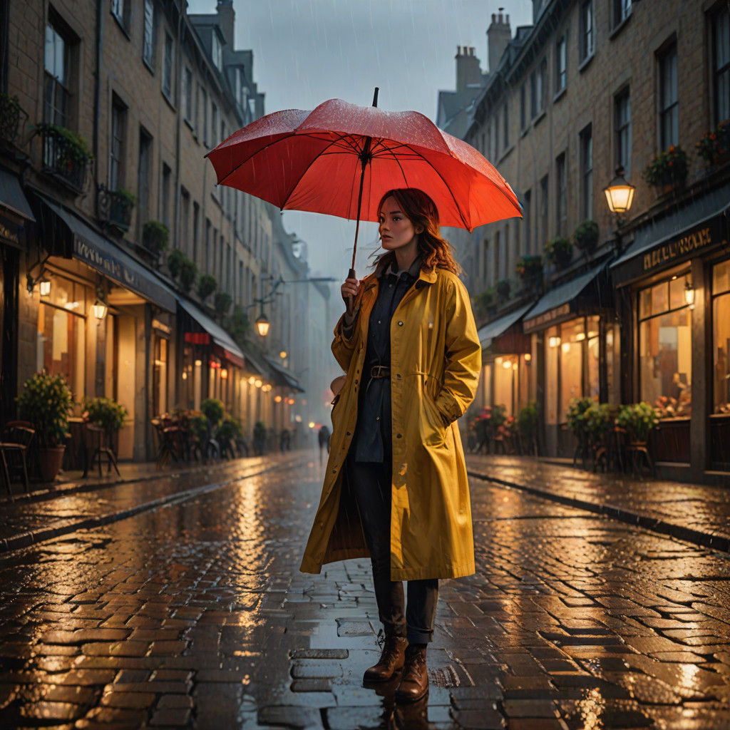 Impressionist Woman in Rainy Street Scene