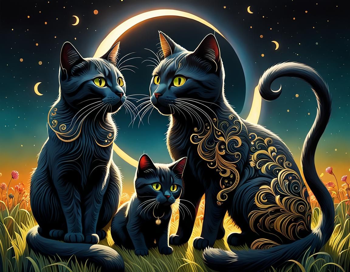 Magical Solar Eclipse Over a Multitude of Cats