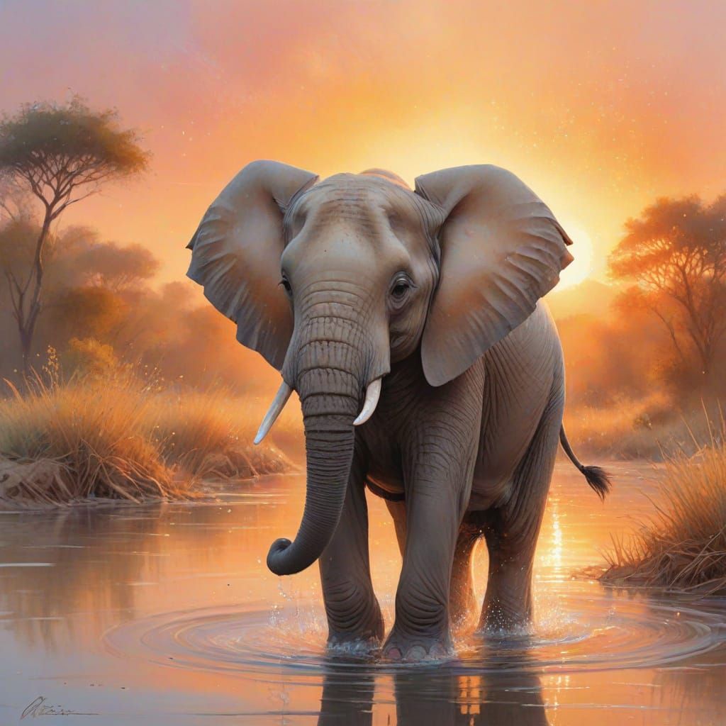 Baby Elephant Plays in Sunset River with Shimmering Water Dr...