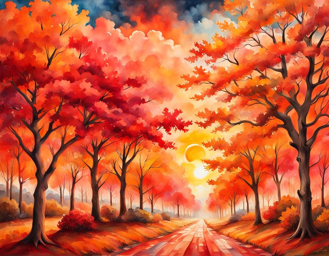 Autumnal Peach Trees in Oil, Watercolor, and Ink