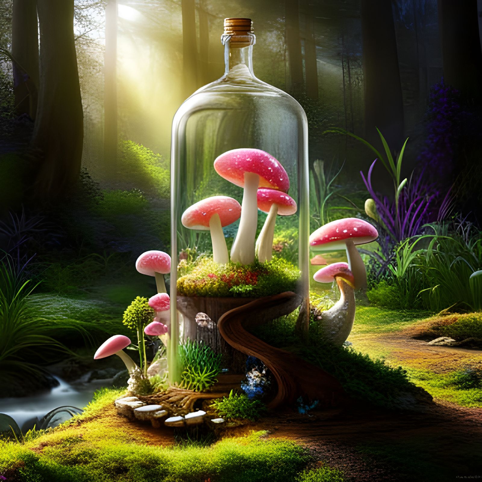 Enchanted Forest with Sparkling Crystals and Fairy Lights