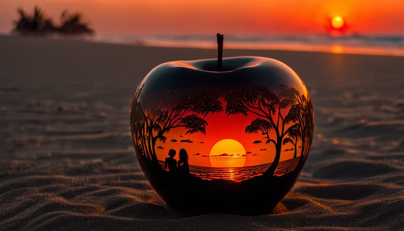 Surreal Glass Apple Unveils Mysterious Woman on Beach at Sun...