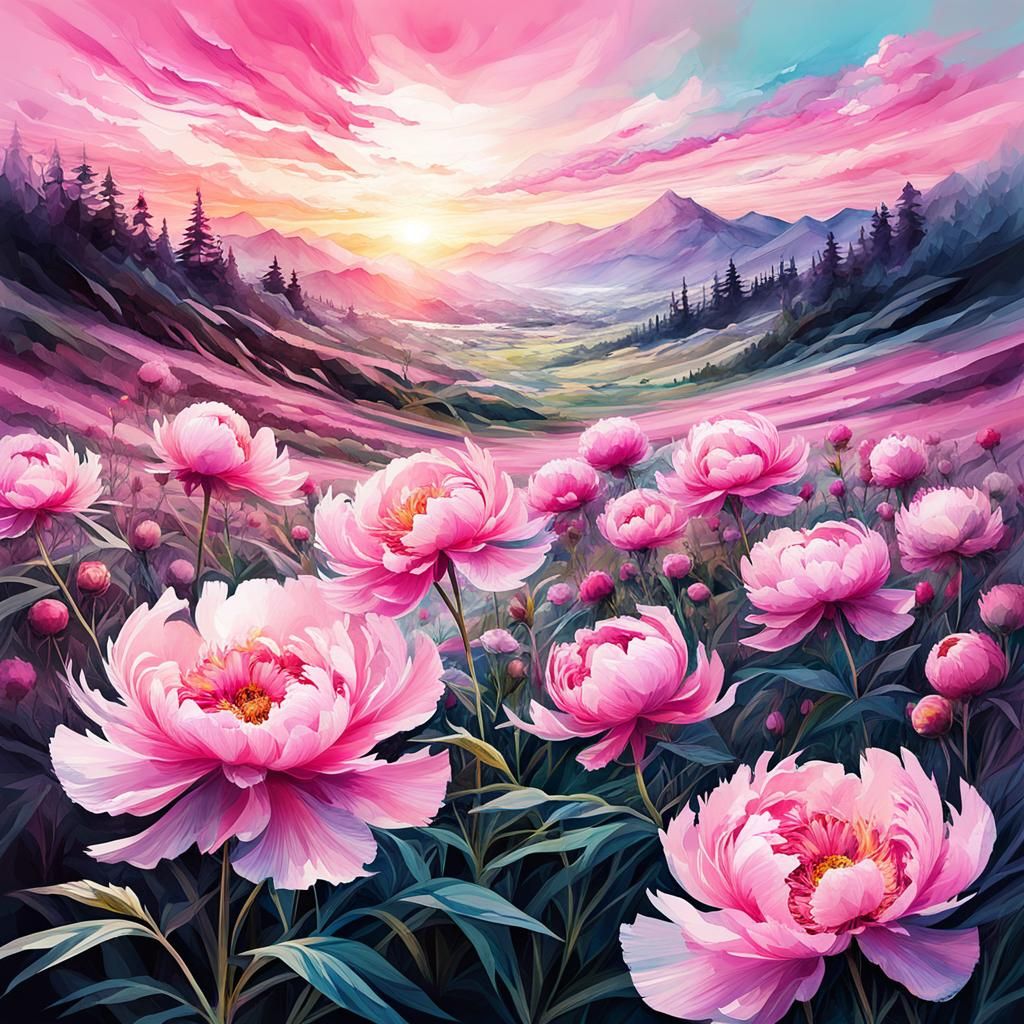 Blossom Pink Peonies Field in Watercolor Style