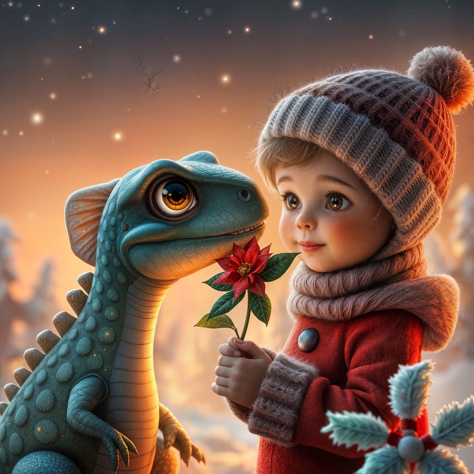 Magical Winter Scene: Delicate Flower Gift to Enchanted Dino...
