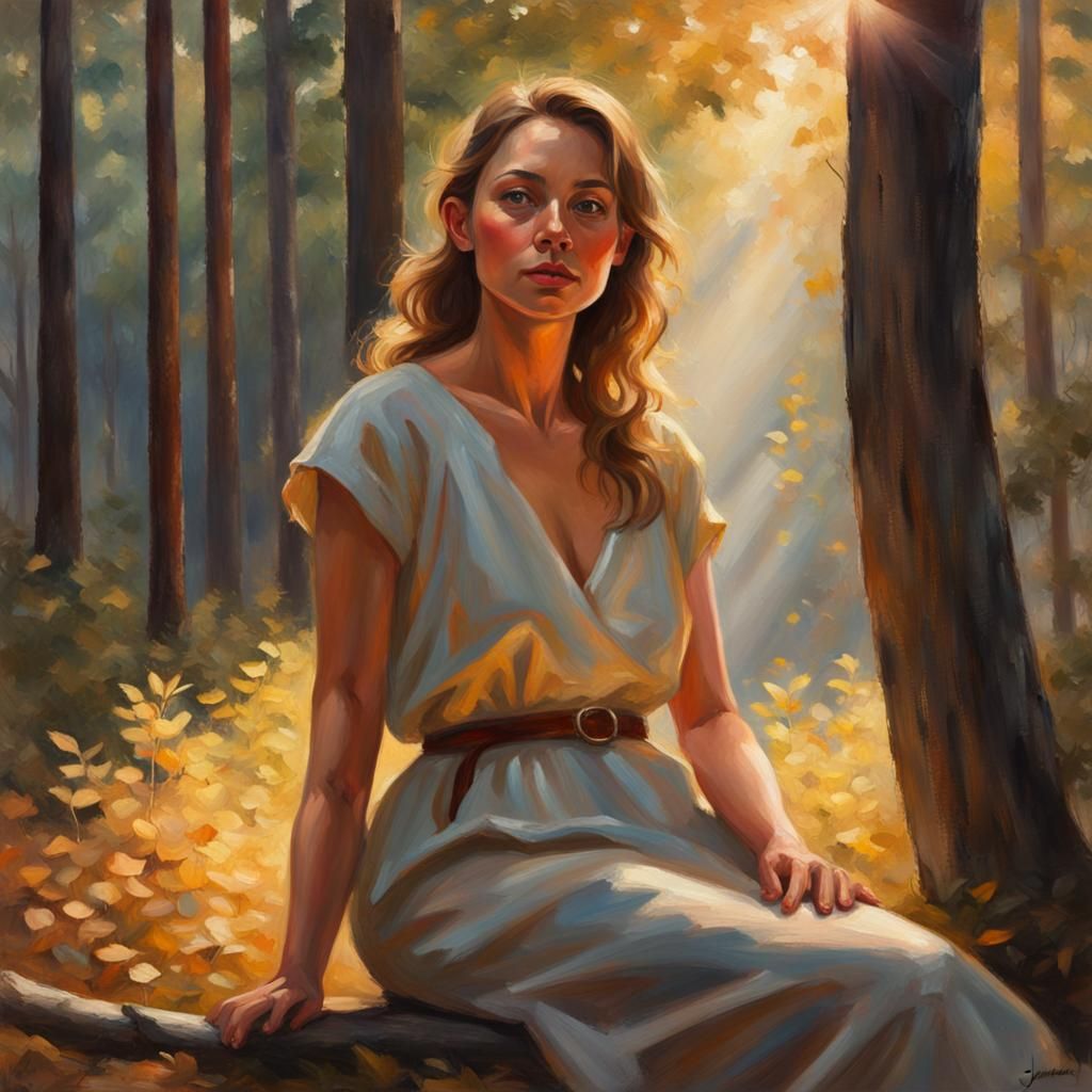 Serene Woman in Forest: An Impressionist Oil Painting