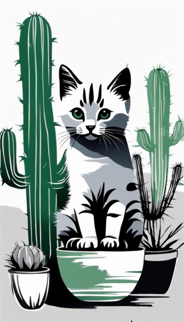 Minimalist Chinese Ink Painting of Kitten and Cacti