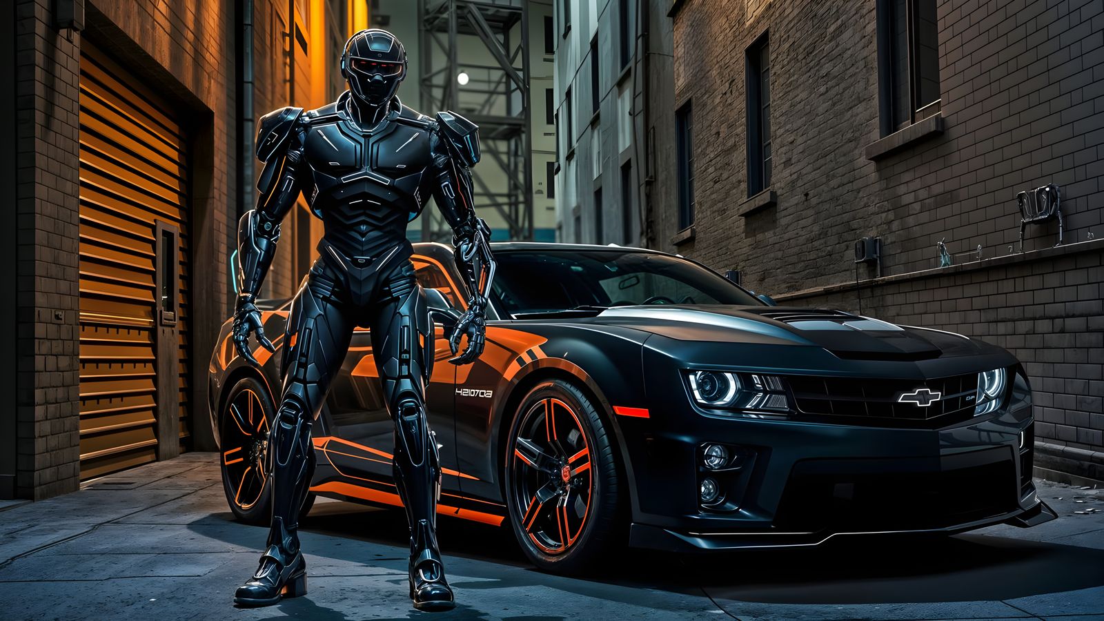 Futuristic Exoskeleton Suit Beside Cyberpunk Car in Neon-Lit...