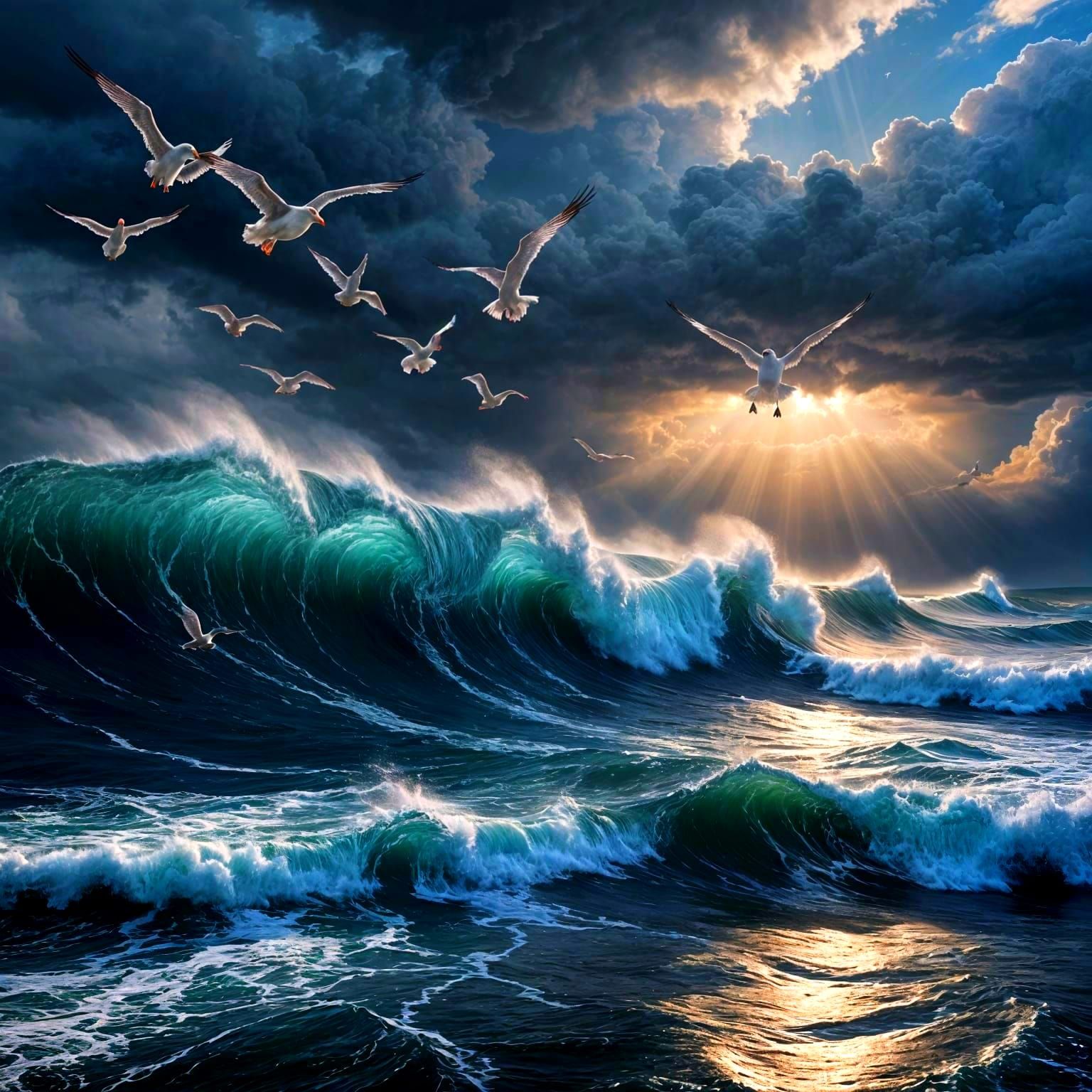 Seagulls Soar Above Turbulent Ocean in Dramatic Masterpiece