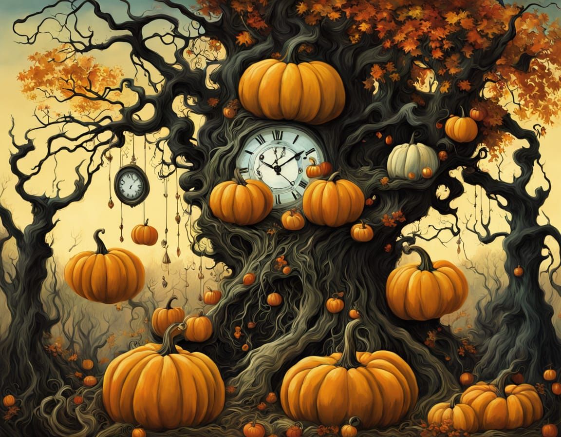 Surreal Autumn Harvest with Dripping Clocks