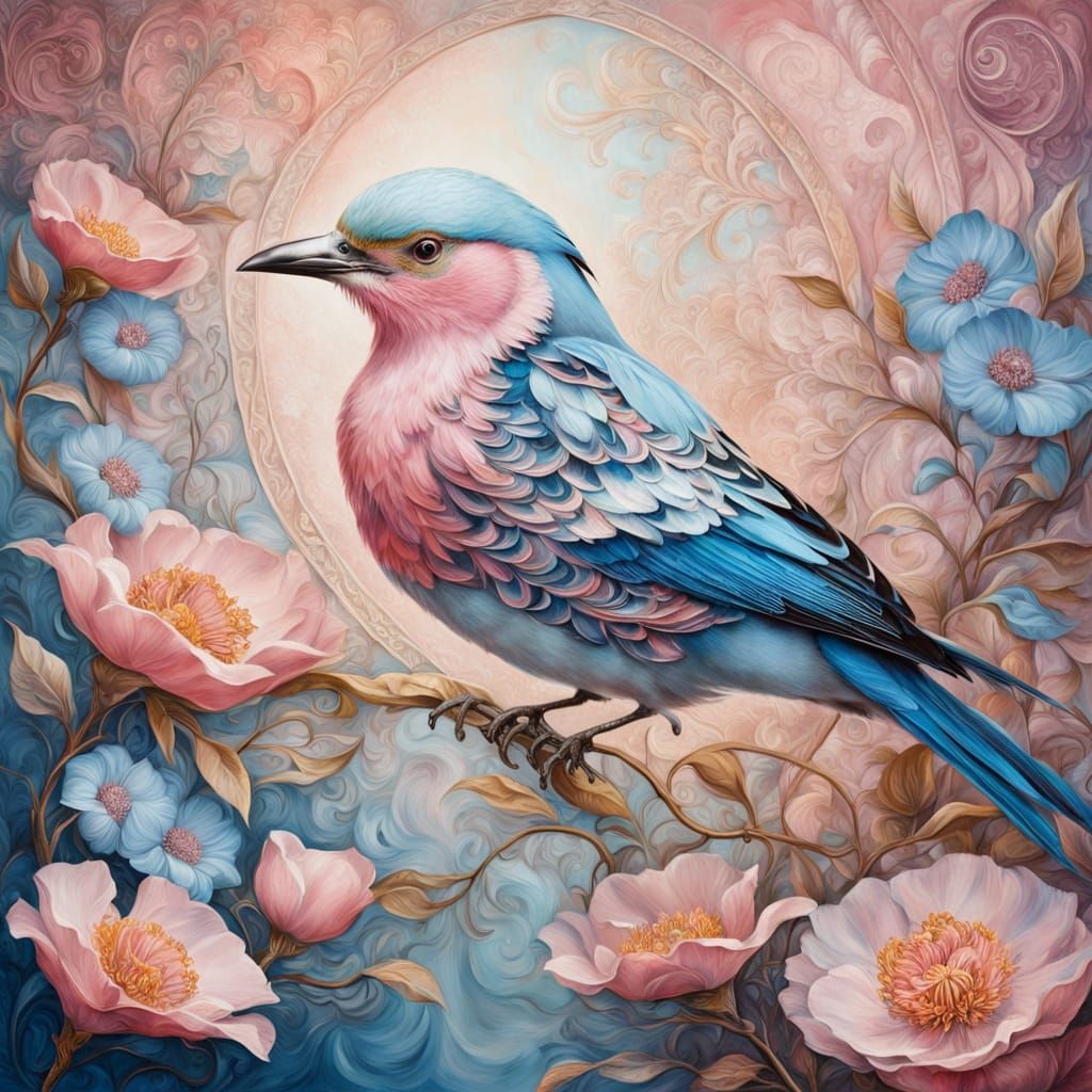 Pink Breasted Roller in Floral Art Nouveau Dreamscape