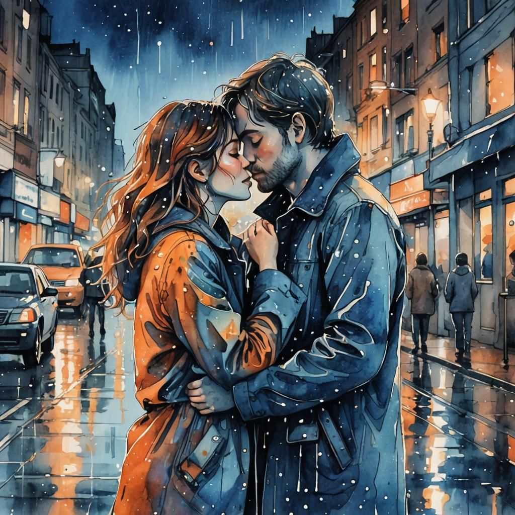 Couple Kissing in Rain: Watercolour Line Art Illustration