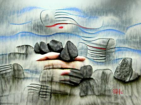 Surreal Stone Hands Line Art in Dramatic Sky