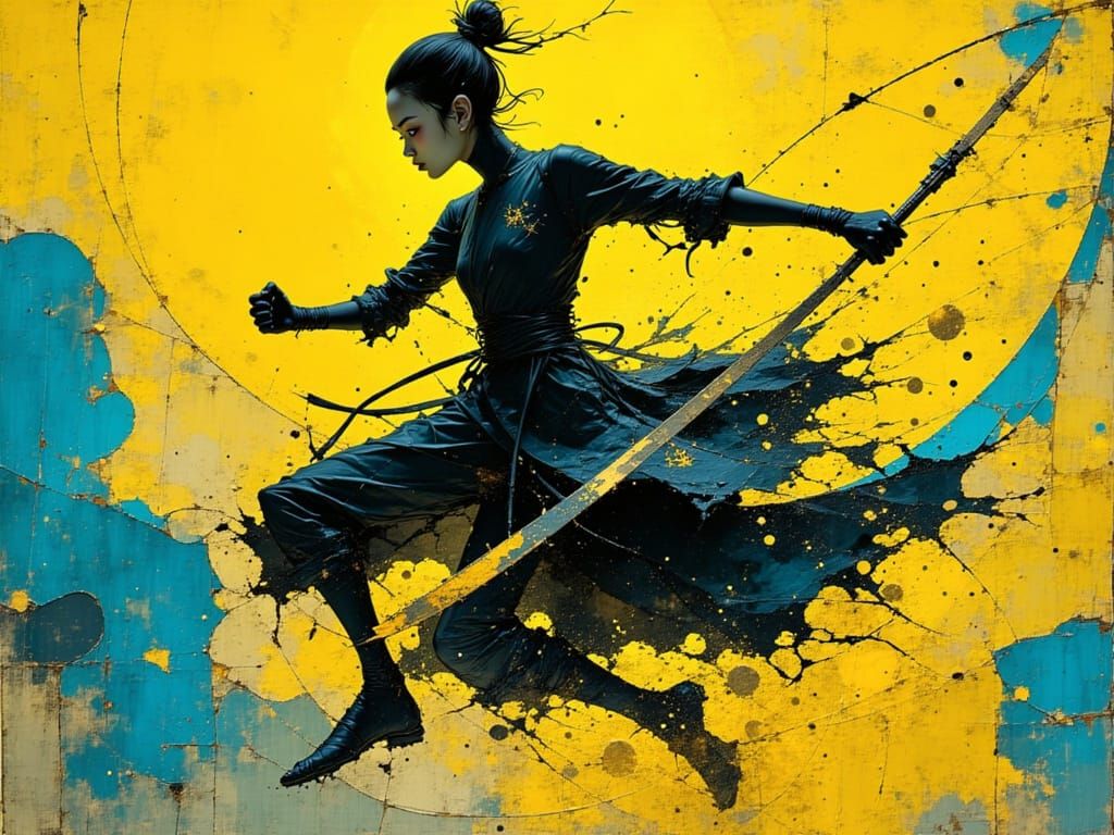 Asian Martial Arts Warrior in Hyperrealistic Action Painting