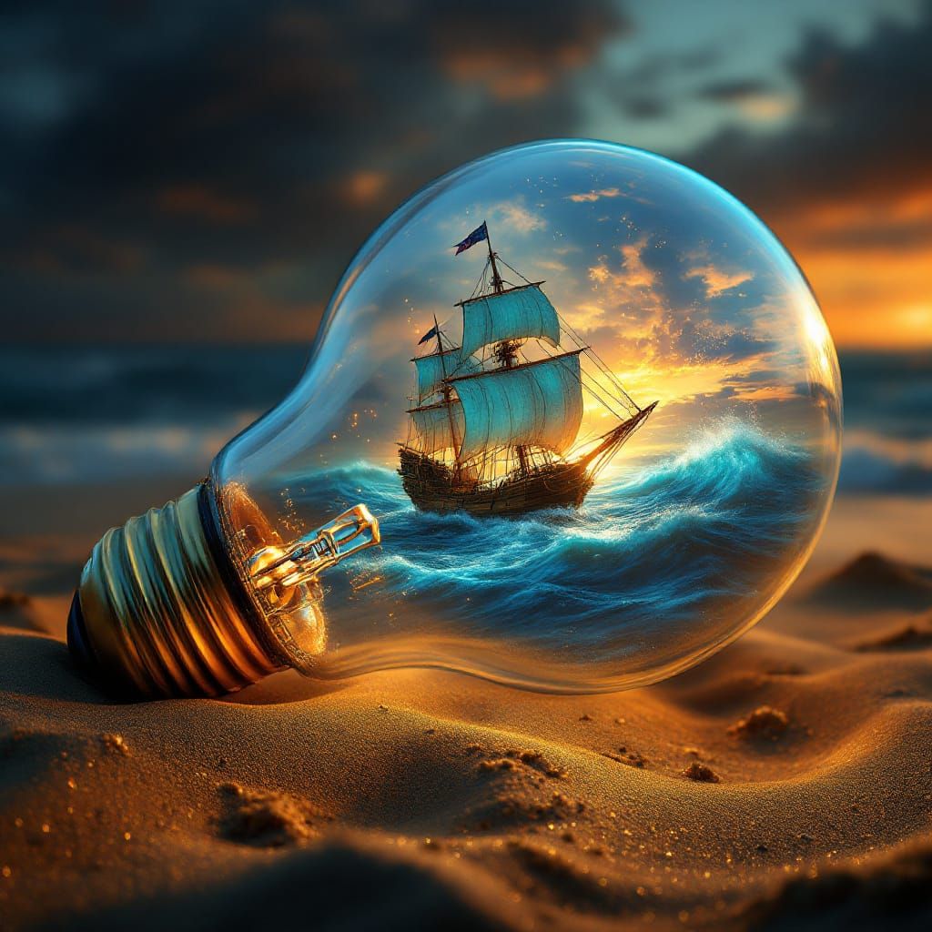 Ancient Ship Sails Inside Glowing Light Bulb on Beach